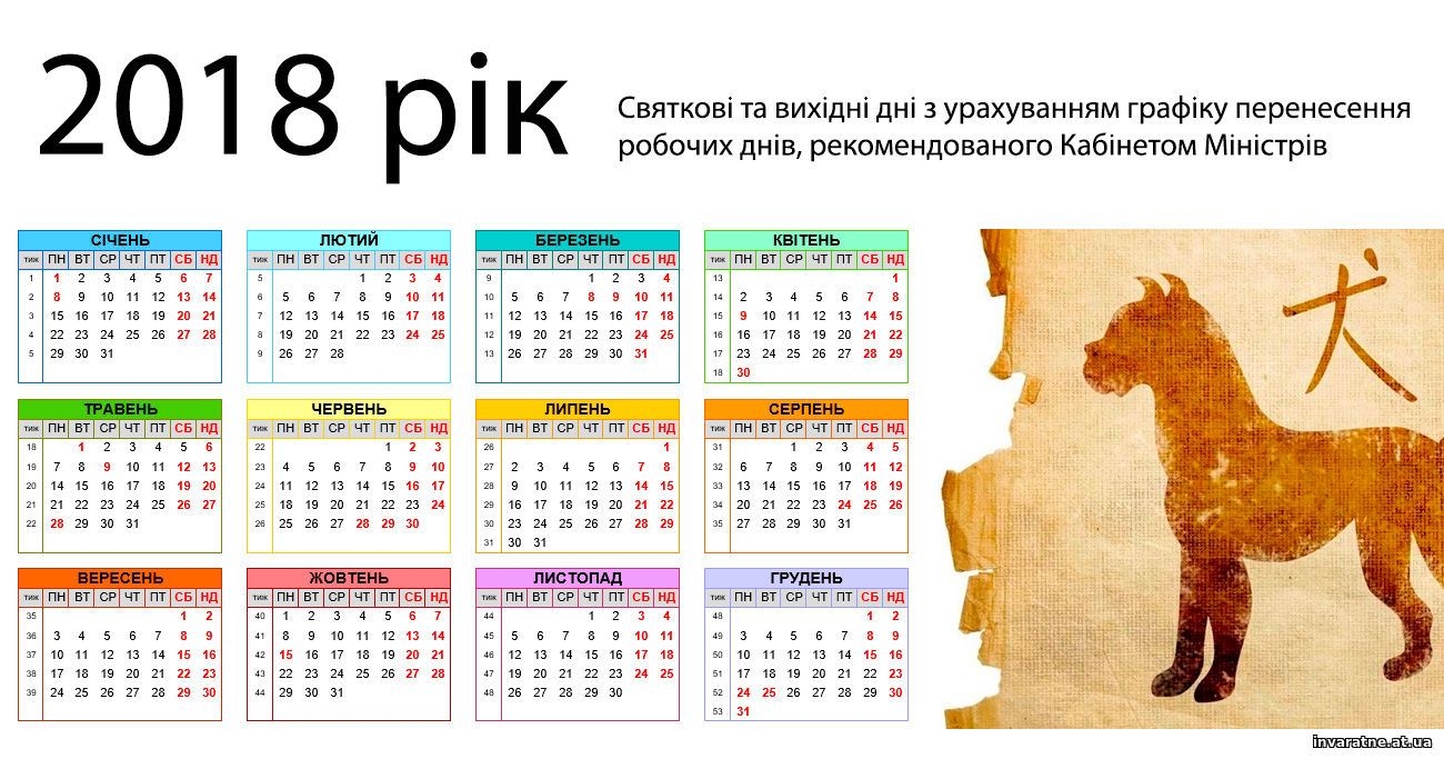 Календар вихідних днів на 2018 рік